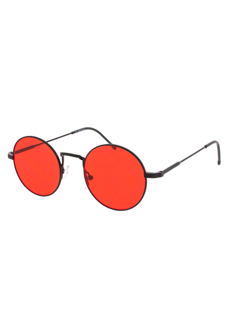 Lunettes de soleil rondes avec des montures en métal sombre et des verres rouges vibrants. Branches fines avec une légère courbure pour le confort. Aucun motif ou accent visible.