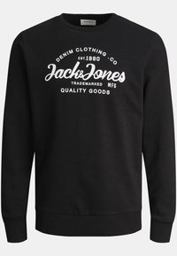 Schwarzes Sweatshirt aus Baumwollmischung, mit weißem grafischem Text auf der Vorderseite. Rundhalsausschnitt und gerippte Bündchen und Saum.