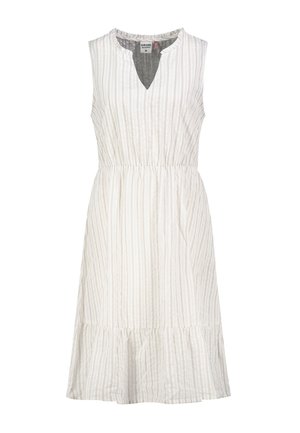 Ärmelloses weißes Midikleid mit dezenten vertikalen Streifen, elastischer Taille, Rüschensaum und kleinem V-förmigem Ausschnitt am Kragen.
