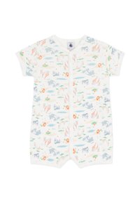 Ολόσωμο φορμάκι με κοντά μανίκια από απαλό, εκρού βαμβάκι με πολύχρωμα μοτίβα ζώων και τοπίων. Κλείσιμο με κουμπιά στο μπροστινό μέρος, άνετη εφαρμογή και καμπυλωτές γωνίες στο τελείωμα.