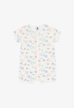 Kombinezon z krótkim rękawem z miękkiej, kremowej bawełny z kolorowymi wzorami zwierząt i krajobrazów. Zapięcie na zatrzaski z przodu, luźny krój i zaokrąglone brzegi.