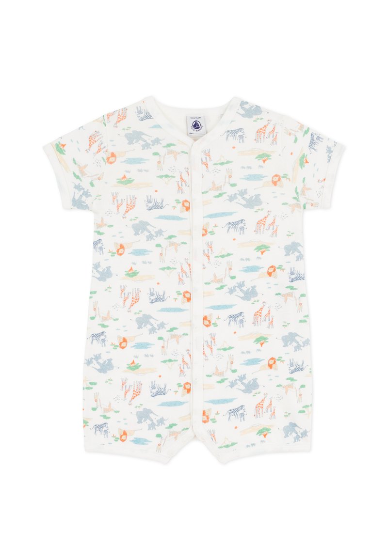 Ολόσωμο φορμάκι με κοντά μανίκια από απαλό, εκρού βαμβάκι με πολύχρωμα μοτίβα ζώων και τοπίων. Κλείσιμο με κουμπιά στο μπροστινό μέρος, άνετη εφαρμογή και καμπυλωτές γωνίες στο τελείωμα.