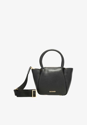 Sac à main en cuir noir avec deux poignées courtes et une bandoulière amovible. Présente des finitions en doré et une surface subtilement texturée.