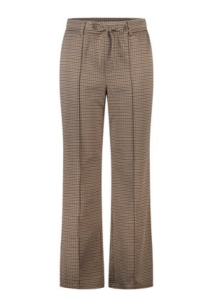 Pantalon large à motif pied-de-poule marron et beige, avec une taille élastique et un lien à nouer à l'avant.