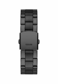 Orologio in acciaio inox nero dal design elegante, caratterizzato da un bracciale lucido, maglie angolari e una chiusura opaca contrassegnata con "GUESS."