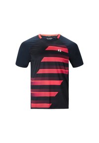 Herrtröja i marinblått med röda diagonala ränder och en logotyp. Tillverkad av ett lätt material med rund hals och korta ärmar.