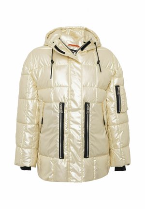 Veste matelassée, crème métallisée, finition brillante. Comprend une capuche, des poches zippées noires et des cordons ajustables pour un ajustement sûr.