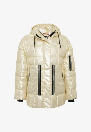 Veste matelassée, crème métallisée, finition brillante. Comprend une capuche, des poches zippées noires et des cordons ajustables pour un ajustement sûr.