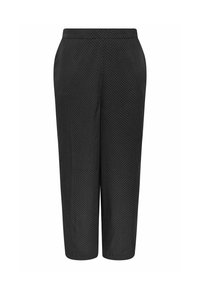 Svarta korta byxor med prickigt mönster, elastisk midja, sidofickor och en mjuk tygstruktur.