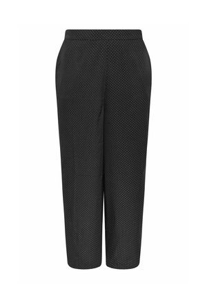 Pantalons noirs courts avec un motif à pois, taille élastique, poches latérales et une texture de tissu lisse.