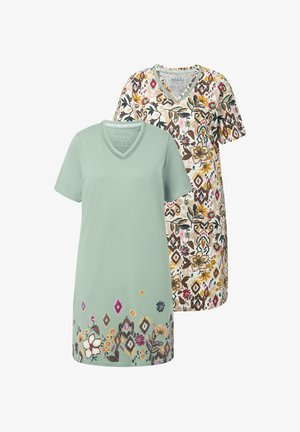 Dos vestidos de manga corta: uno en verde menta con bordados florales en el dobladillo, y el otro estampado en marrón, crema y flores de colores. Diseño en forma de V.