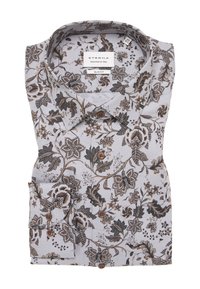 Slim-fit shirt in lichtgrijs stof met intricate bruine bloemenpatronen. Beschikt over een klassieke kraag en bruine knopen aan de voorkant.