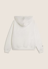 Felpa bianca con cappuccio dotata di tasca a marsupio, polsini e orlo a costine. Presenta un cappuccio regolabile con coulisse e un marchio minimale sulla manica. Texture liscia.