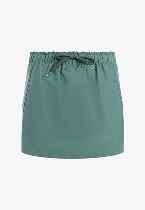 Turquoise knielange rok met elastische tailleband en gestrikte trekkoord, voorzien van zijzakken en een gladde stoftextuur.