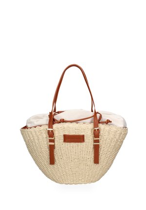Borsa a tracolla intrecciata in paglia con cinturini in pelle marrone, fibbie e chiusura interna con coulisse in tessuto color crema.