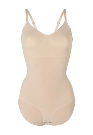 Body in tessuto nudo con spalline regolabili, texture liscia, coppe modellate e chiusura a gancio nella parte inferiore. Design senza cuciture che offre una vestibilità affusolata.