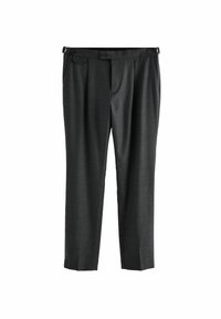 Pantalones grises confeccionados que presentan una textura suave, dos bolsillos frontales, presillas para el cinturón y un diseño de pierna ligeramente ajustada.