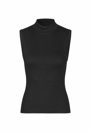 Sort ærmeløs ribstrikket top med høj hals og tætsiddende silhuet.
