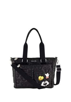 Sac fourre-tout noir embossé avec des têtes de Mickey Mouse, décoré avec des patchs colorés représentant le chapeau, les gants et les mains de Mickey formant un cœur.