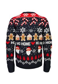 Mörkblå jultröja med röda detaljer, pepparkaksgubbar, godisstänger, snöflingor och jultomtemotiv. Stickad textur med ribbade ärmslut.