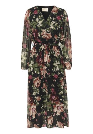 Cvečni obleki v črni barvi, ki vsebuje mešanico velikih potonik in manjših cvetlic v odtenkih roza, burgundske in zelene. Dolgi prosojni rokavi.