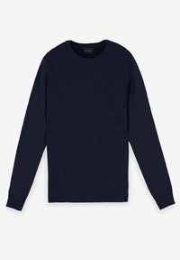 Mörkblå stickad tröja med långa ärmar, rund halsringning, ribbade muddar och nederkant, med en mjuk textur och minimalistisk design.