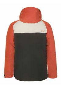 Gepolsterte Jacke mit schwarzem Körper, orangefarbenen Ärmeln und einem weißen Schulterpaneel. Verfügt über eine Kapuze und ein Logo auf der oberen Rückseite. Wasserdichtes Design.