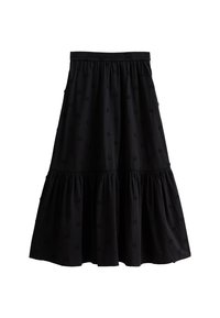 Gonna nera a balze con cintura elastica, caratterizzata da motivi floreali ricamati su tutto il tessuto. Realizzata in tessuto leggero con una finitura testurizzata.