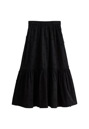 Black tiered skirt with an elastic waistband, featuring embroidered floral patterns throughout. Made of lightweight fabric with a textured finish.