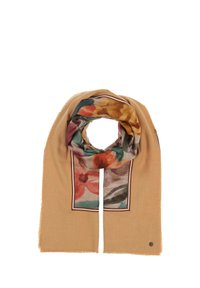 Beige scarf featuring a floral design with orange, pink, and green colors. Edges are fringed; a dark-bordered section highlights the pattern.