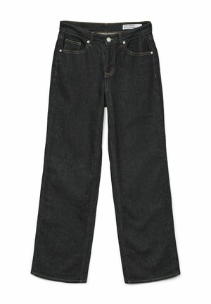 Tumšo mazgāto džinsu bikses ar taisnu kāju griezumu. Iespējām ir piecas kabatas, pogu aizdare un redzamas šuves kontrastējošā diegā.