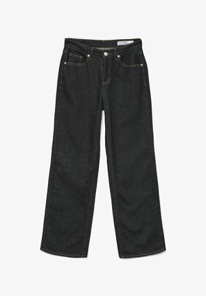 Tumšo mazgāto džinsu bikses ar taisnu kāju griezumu. Iespējām ir piecas kabatas, pogu aizdare un redzamas šuves kontrastējošā diegā.