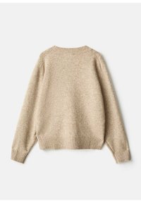 Beige gestrickter Pullover mit weicher Textur, gerippten Bündchen und Saum. Verfügt über einen runden Halsausschnitt und ein lockeres Design.