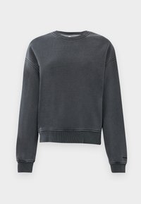 Charcoal sweatshirt, cotton blend, crew neckline, long sleeves, ribbed cuffs and hem, slightly cropped design, textured fabric.