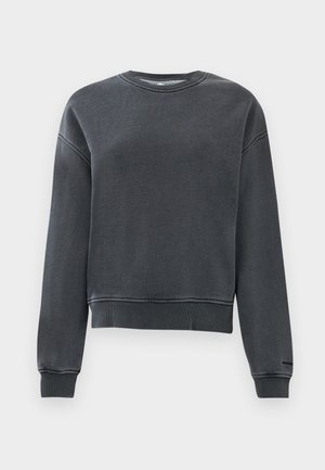 Heren sweatshirt van houtskoolkleur, katoenmix, ronde hals, lange mouwen, ribgebreide manchetten en zoom, iets cropped ontwerp, textuurstof.