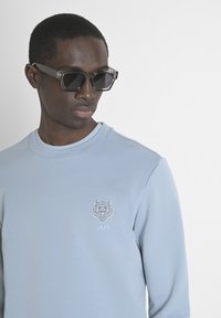 Lichtblauwe sweatshirt met een wit geborduurd tijgerembleem en initialen op de borst. Het model draagt donkere, geometrische zonnebrillen.