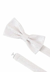 Weiße Satin-Schleife mit einem subtilen Paisley-Muster, ausgestattet mit einer festen Schleife und einem Riemen zur Befestigung. Texturierte Oberfläche und glattes Gewebe.