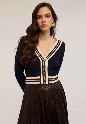 Jonge vrouw met lang golvend haar draagt een marineblauwe gebreide cardigan met roomwitte en bruine strepen, gouden knopen, grote gouden oorbellen en een donkere geplooide rok.