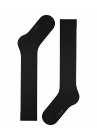 Calzini neri realizzati in tessuto liscio; una coppia include un calzino corto e uno al ginocchio. Entrambi presentano polsini elasticizzati e un branding discreto.