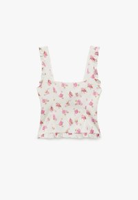 Blomstret crop top lavet af hvidt stof med pink rose-mønstre. Den har flæser på stropperne og en flæset nederkant.