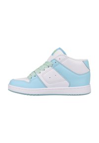 High-top sneakers made of light blue and white leather. Features round toe, padded collar, and colorful laces. Side logo detail included.