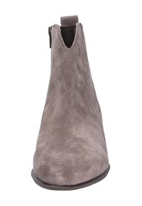 Grijze suede enkellaars met een afgeronde neus, lage hak en rits aan de zijkant. Soepele textuur en minimalistisch ontwerp.