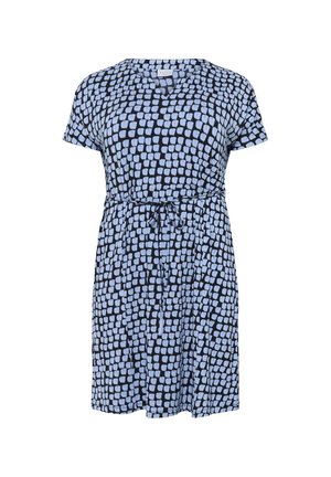 Krátké šaty v černé barvě s světle modrým abstraktním čtvercovým vzorem, zúžené v pase s vázacím páskem, s výstřihem do V.