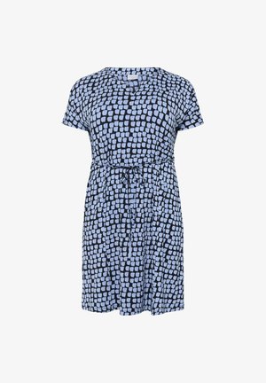 Īsām piedurknēm melns kleitas ar gaiši zilu abstraktu kvadrātu rakstu, piedurknēm pievelkot vidukli ar kurpju jostu, ar V veida kakla izgriezumu.