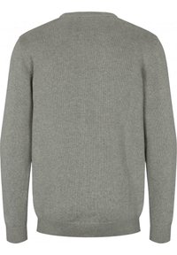 Pull gris clair à col rond, manches longues et ourlet côtelé. Confectionné dans un tissu tricoté texturé, il présente un design simple et classique.