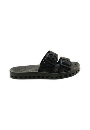 Sandalo nero tipo slide con due cinturini perforati regolabili e suola testurizzata per grip e comfort.