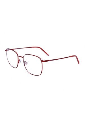 Occhiali da vista con sottile montatura in metallo rossa, lenti rettangolari e naselli regolabili, mostrati su sfondo bianco.