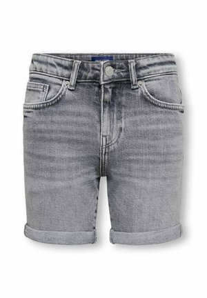 Shorts en denim gris taille haute avec ourlet retroussé, passants pour ceinture, bouton frontal, braguette zippée, ainsi que poches avant et arrière.