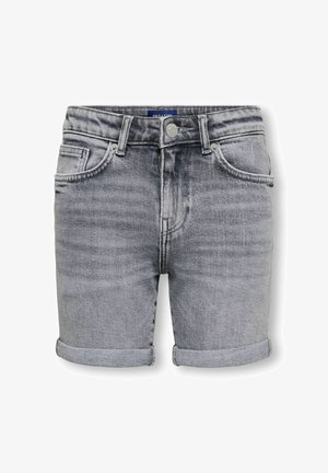 Shorts en denim gris taille haute avec ourlet retroussé, passants pour ceinture, bouton frontal, braguette zippée, ainsi que poches avant et arrière.