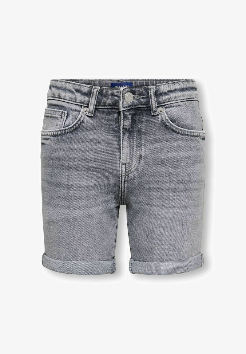 Shorts en denim gris taille haute avec ourlet retroussé, passants pour ceinture, bouton frontal, braguette zippée, ainsi que poches avant et arrière.